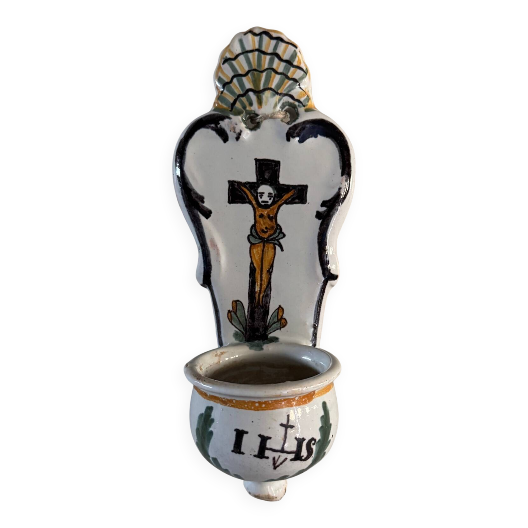 Wall-mounted holy water font in polychrome earthenware from the Nevers factory, 18th century