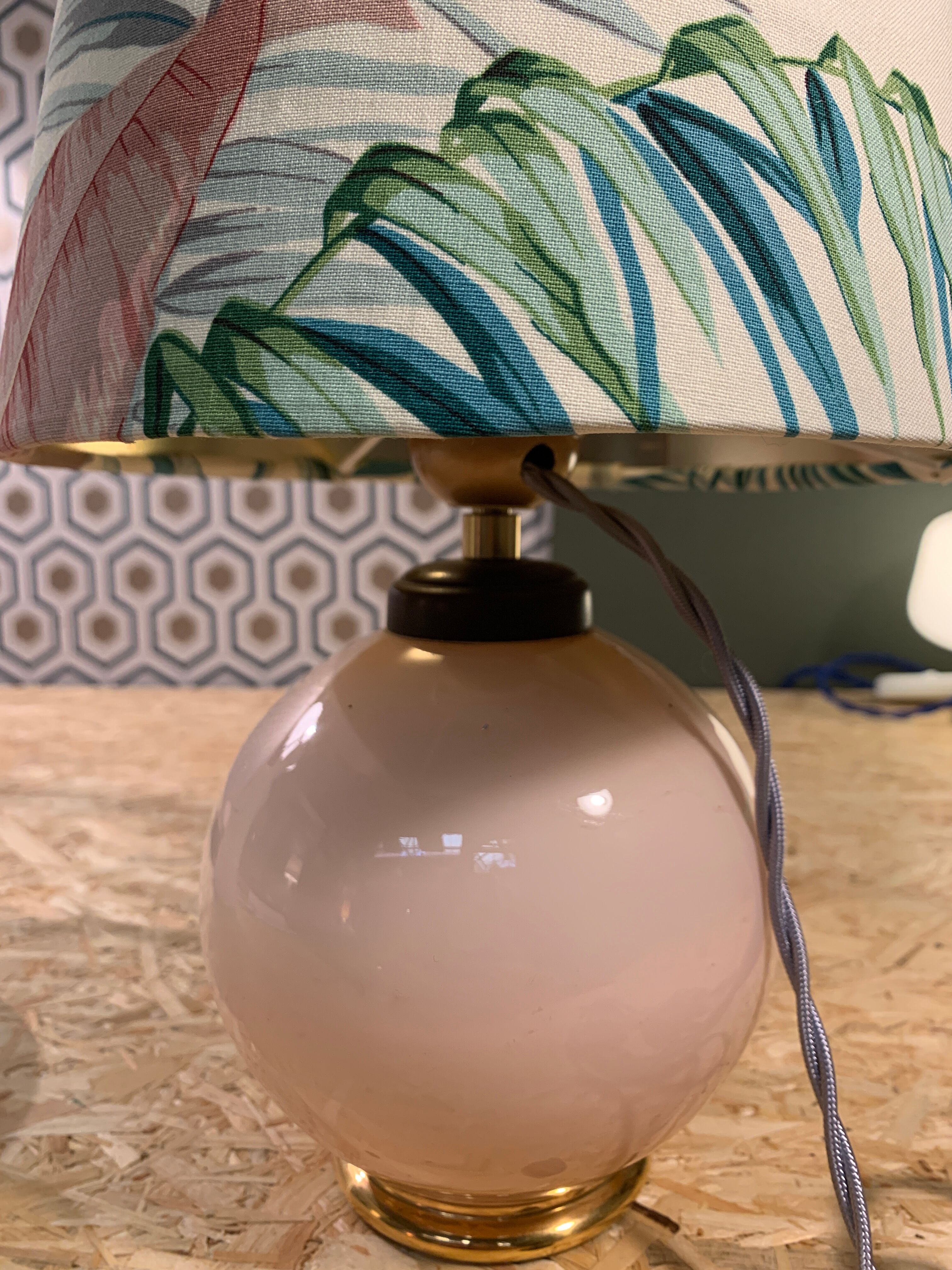 Pair of pink glass ball foot lamps