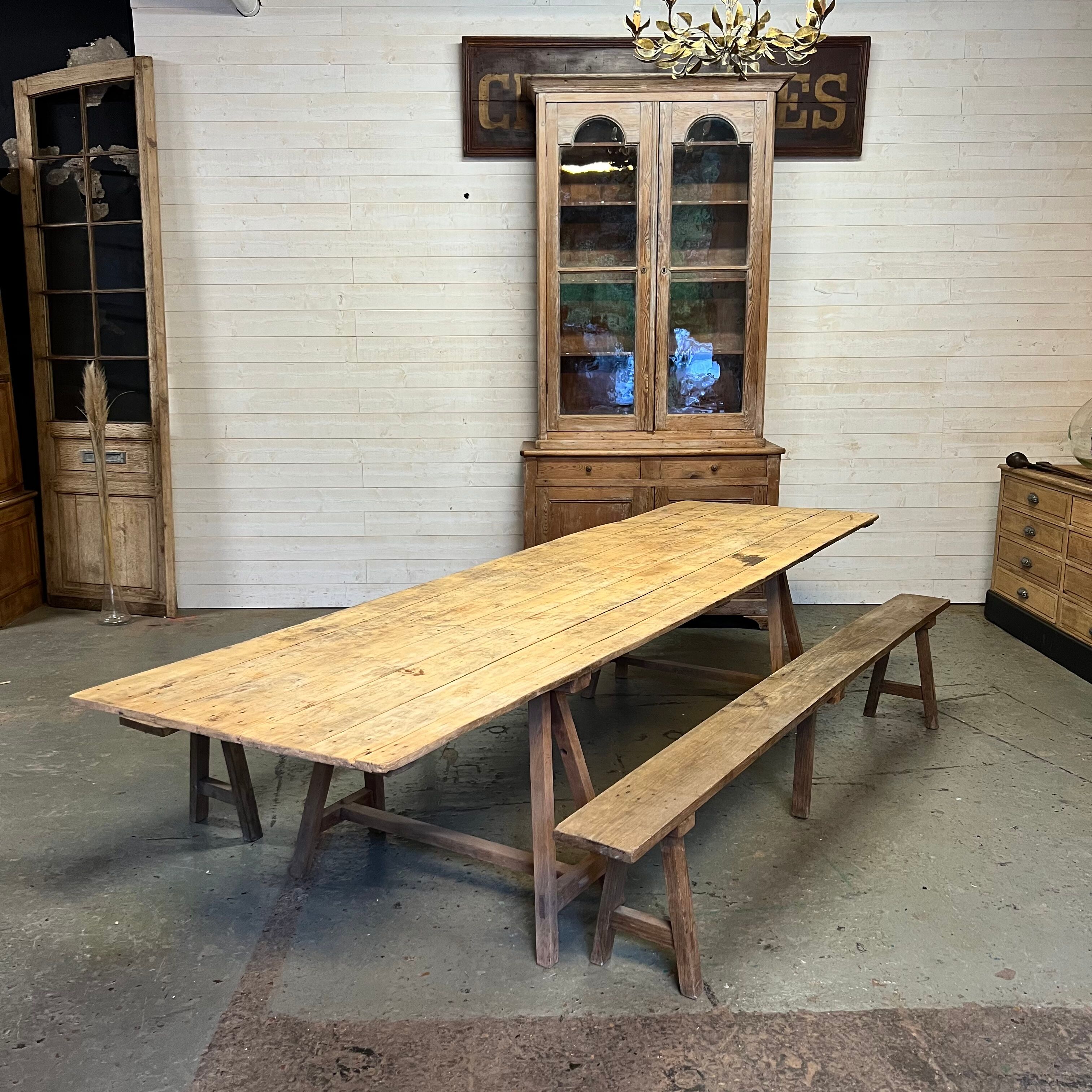 Pine guinguette table with trestles and oak bench