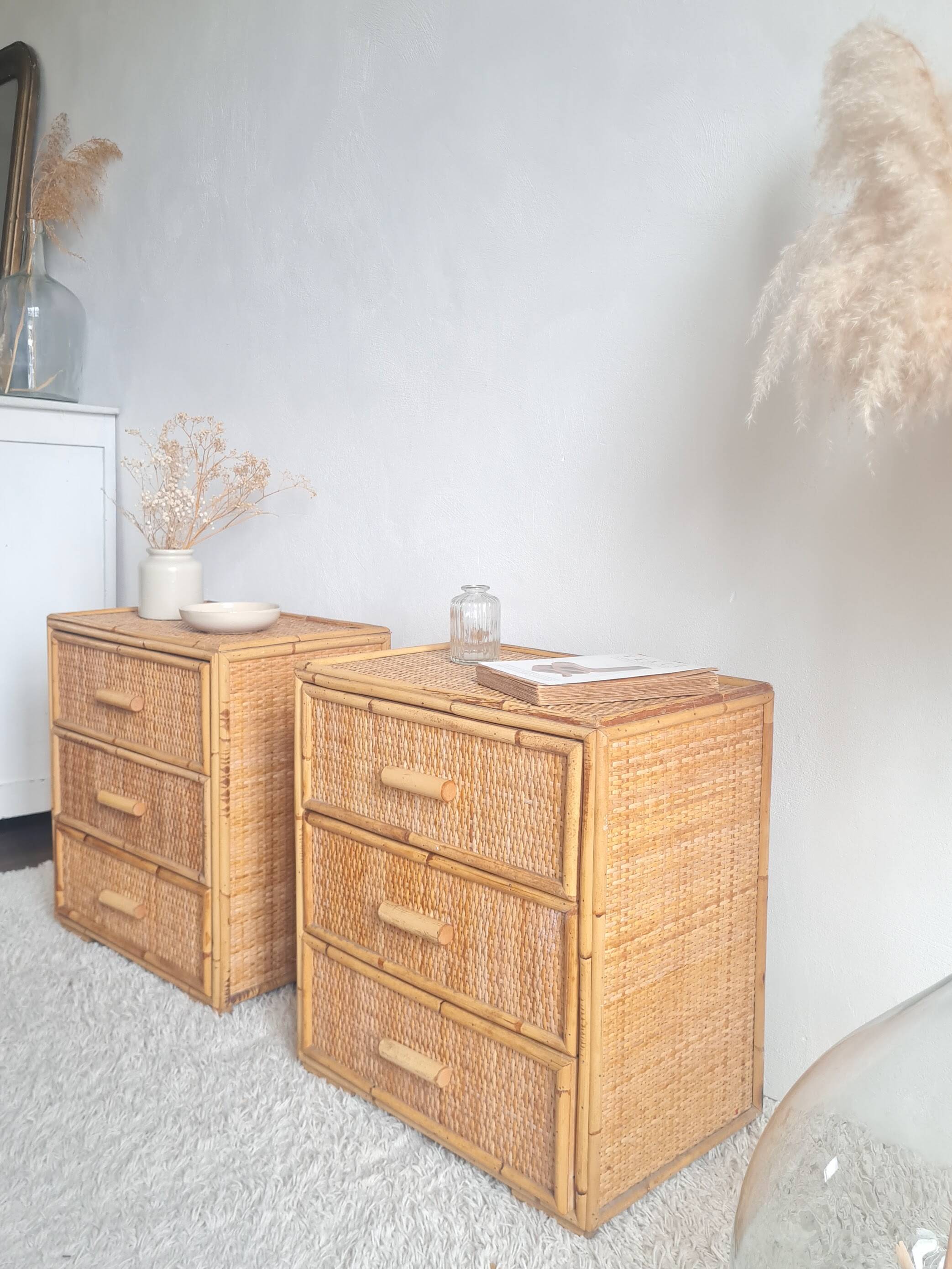 Pair of rattan bedside tables circa the 1970s.