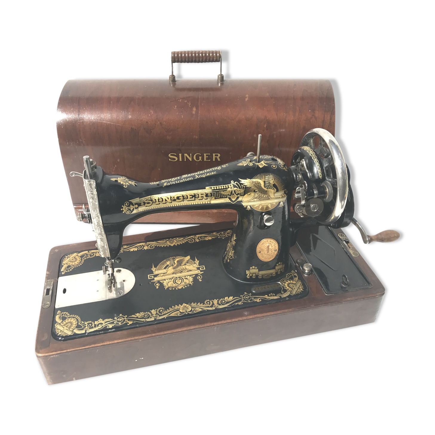 Ancienne machine à coudre Singer manuelle et son coffre en bois vintage