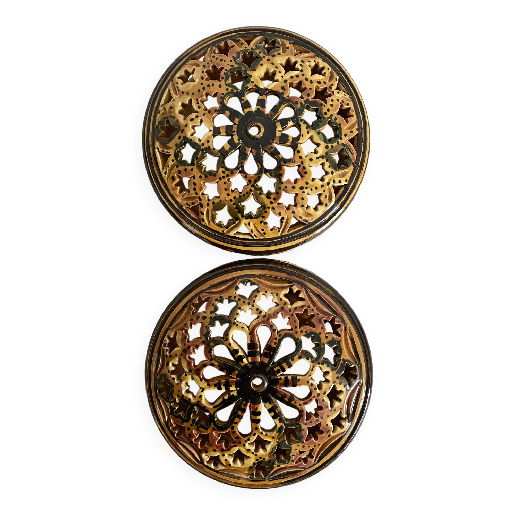 Pair of enamelled terracotta wall lights