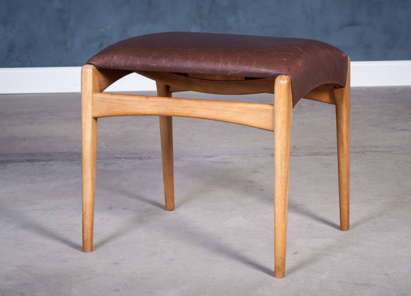 Mid-Century Stool in Beech with Brown Leather Seat, Denmark, 1950s