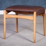 Mid-Century Stool in Beech with Brown Leather Seat, Denmark, 1950s