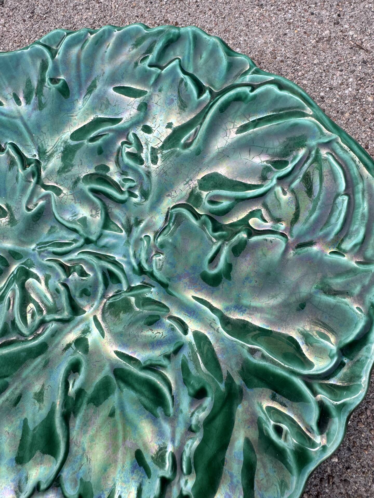 Majolica plate with vine leaves, old Digoin.