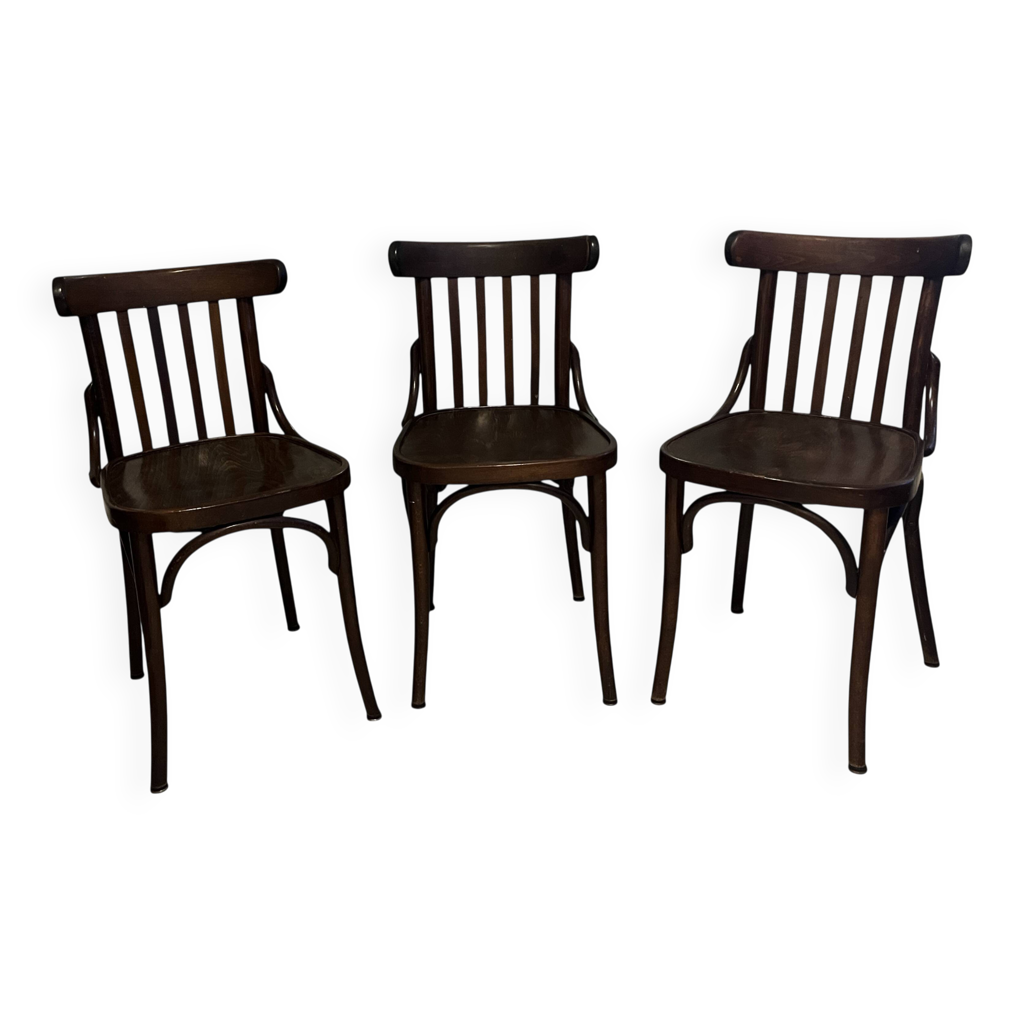 Set of 3 vintage wooden bistro chairs from around 1950.