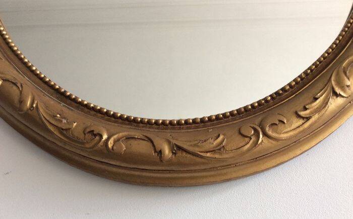 Large Baroque Mirror • Oval Arch • Carved Wood • Resin • 1950