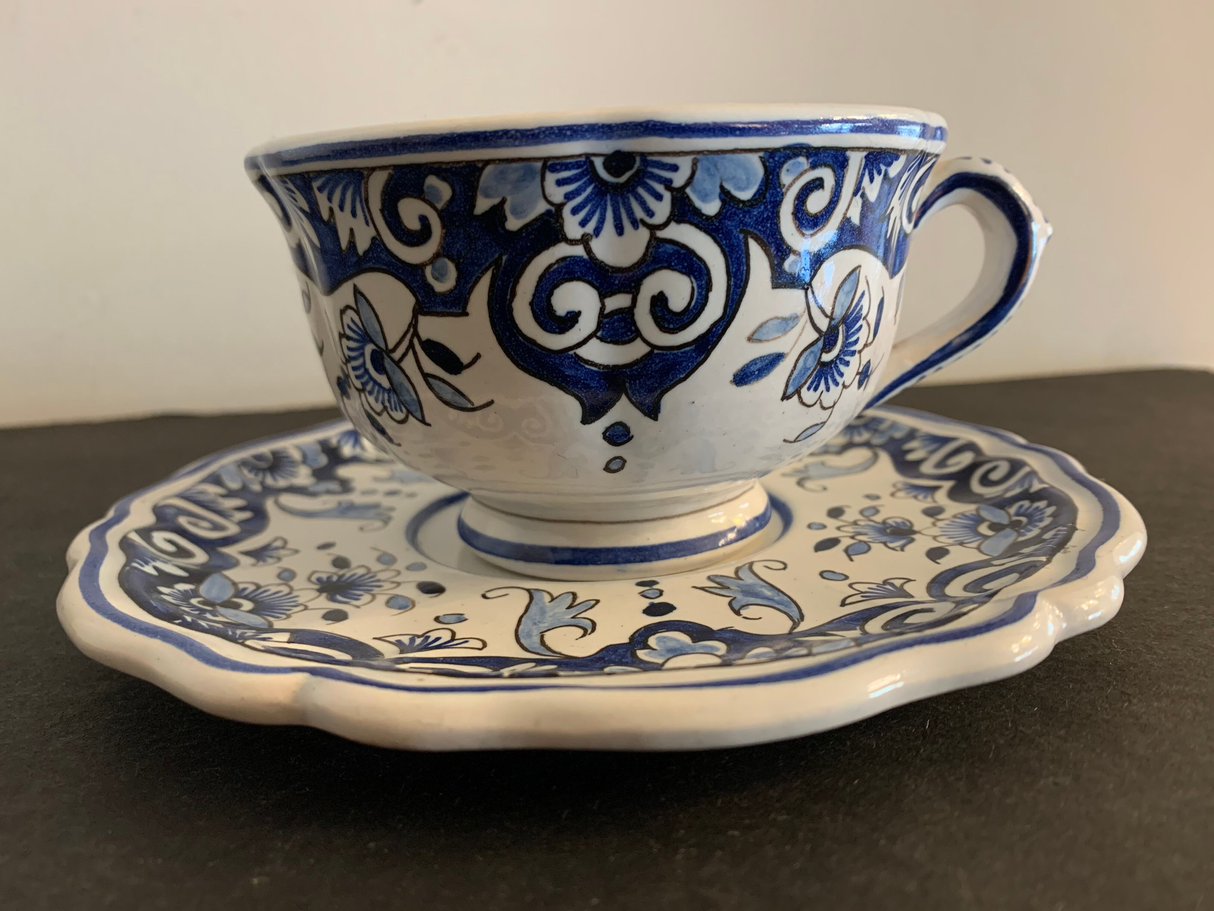 Old mustache cup and its under cup, Rouen earthenware