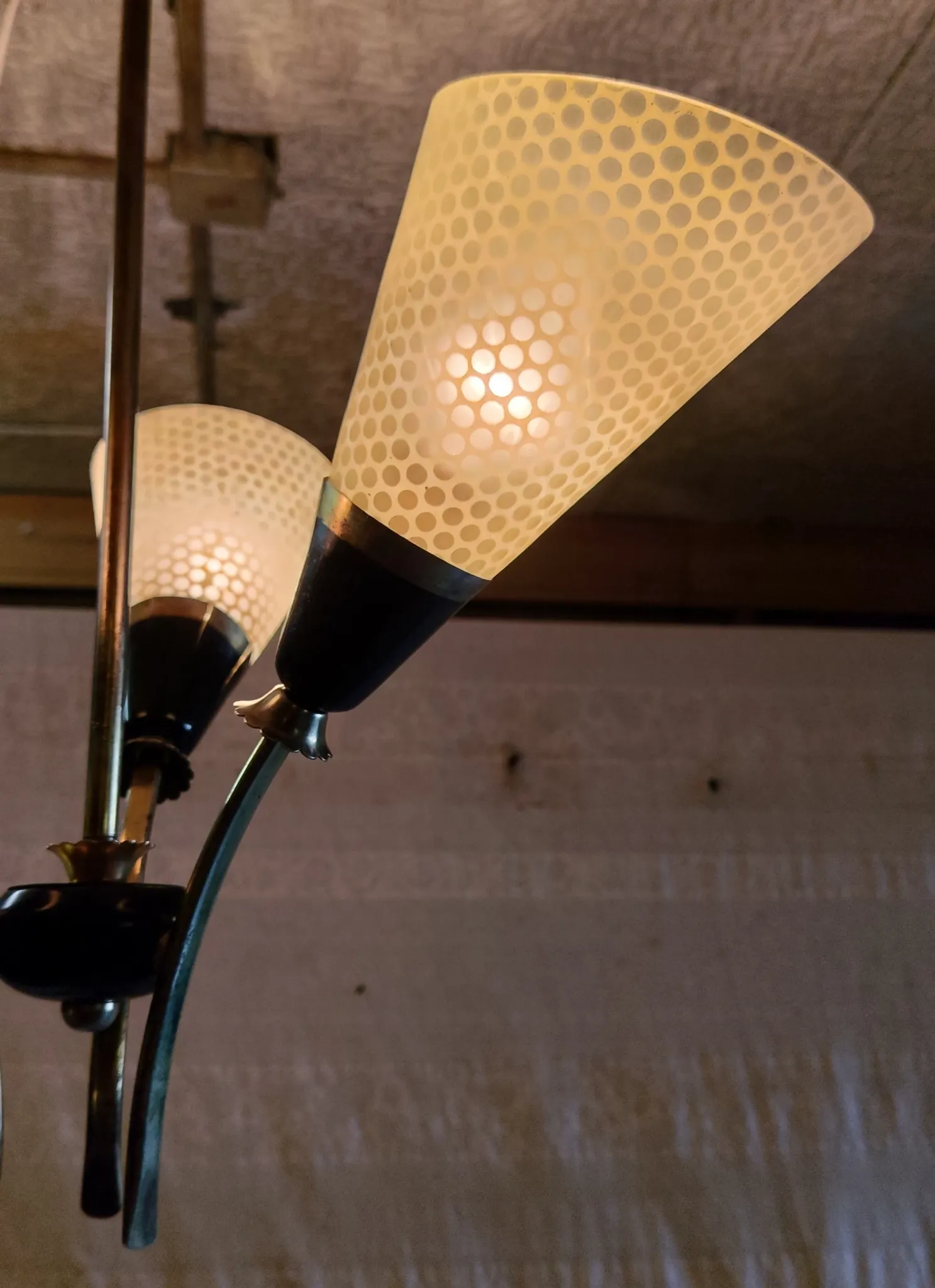 Brass and glass chandelier with 3 lights - 1950s