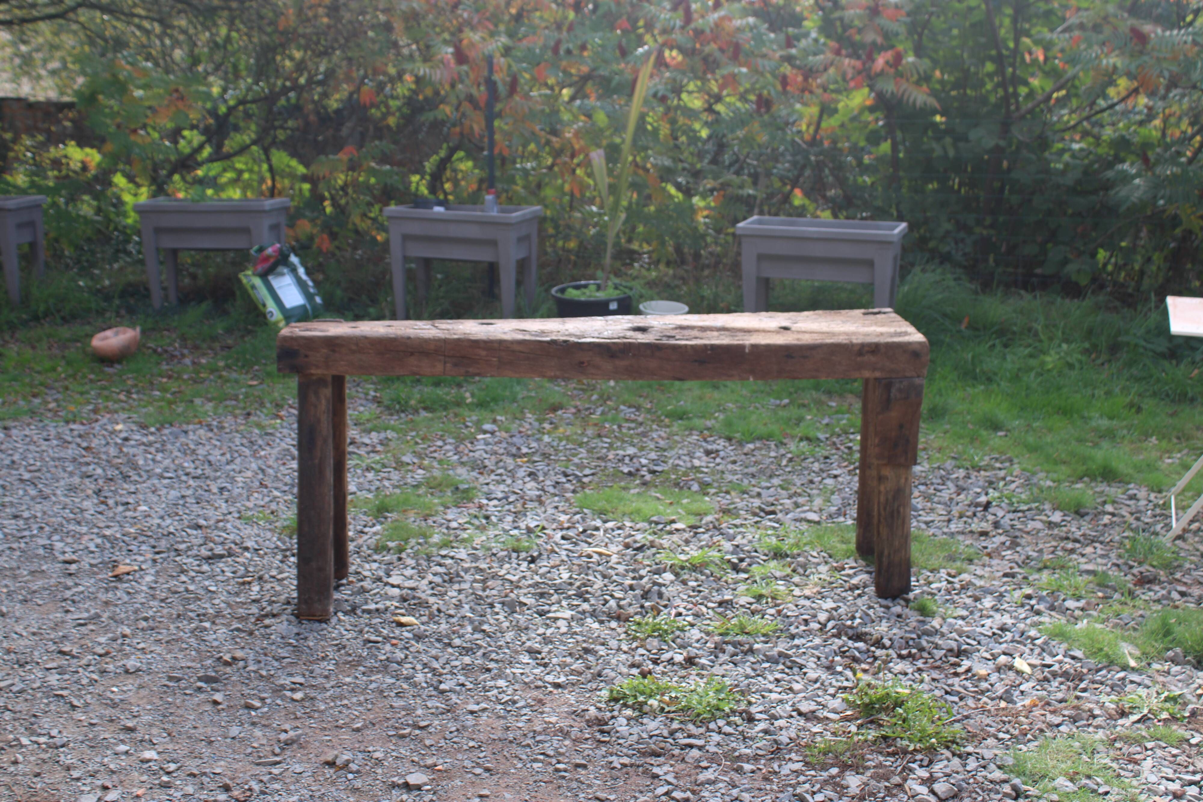 Old solid wood workbench – character console, thick top – 165 cm