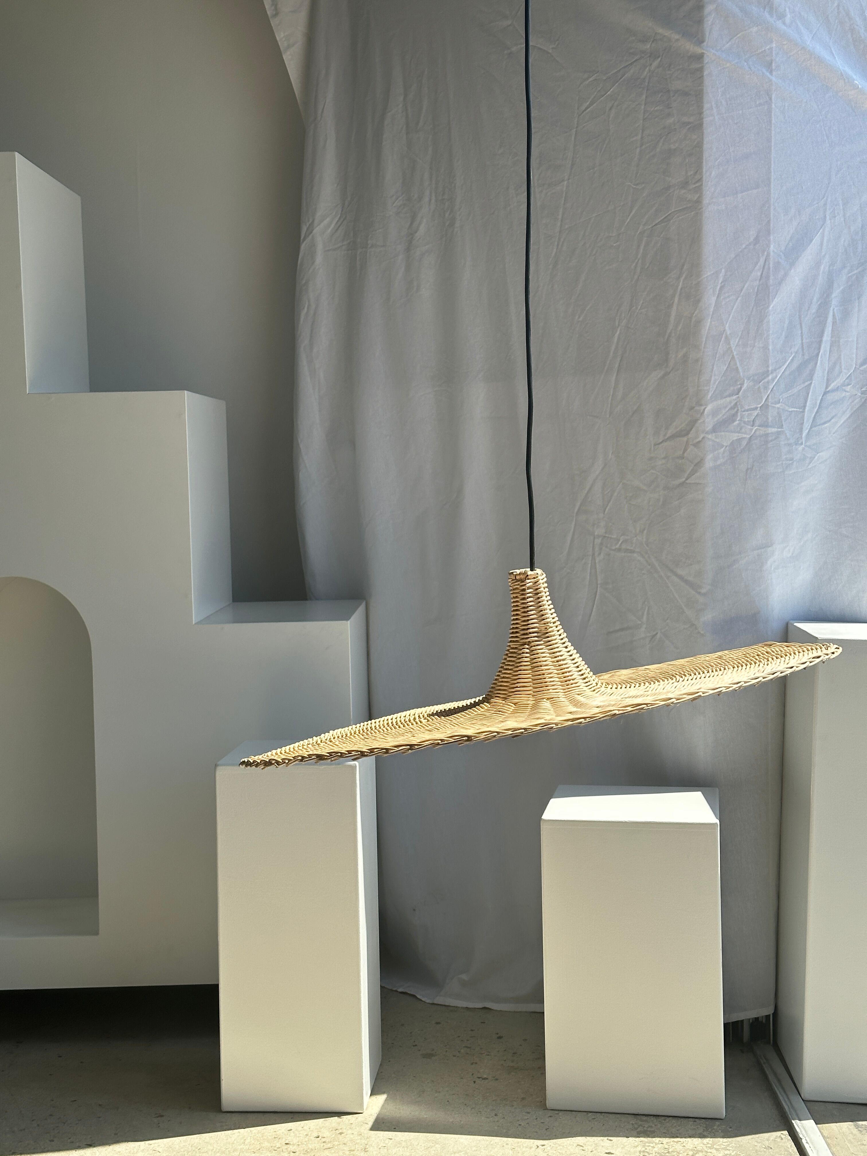 Large suspension, rattan luminaire in hat shape D:80cm