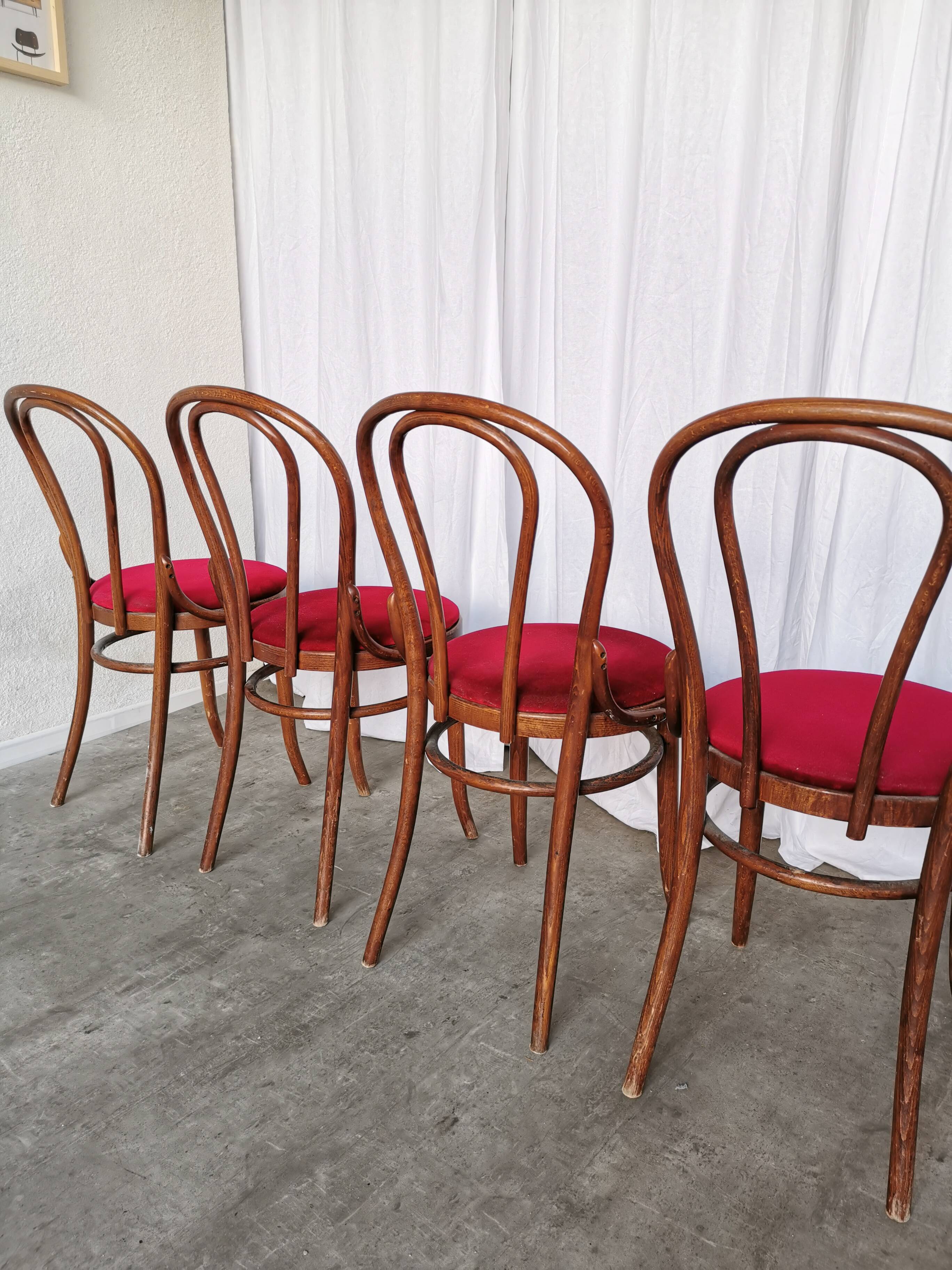 Set of 4 Vintage Bentwood Bistro Chairs, Red Upholstery