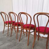 Set of 4 Vintage Bentwood Bistro Chairs, Red Upholstery