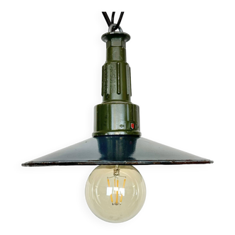 Industrial blue enamel military pendant lamp with cast aluminium top, 1960