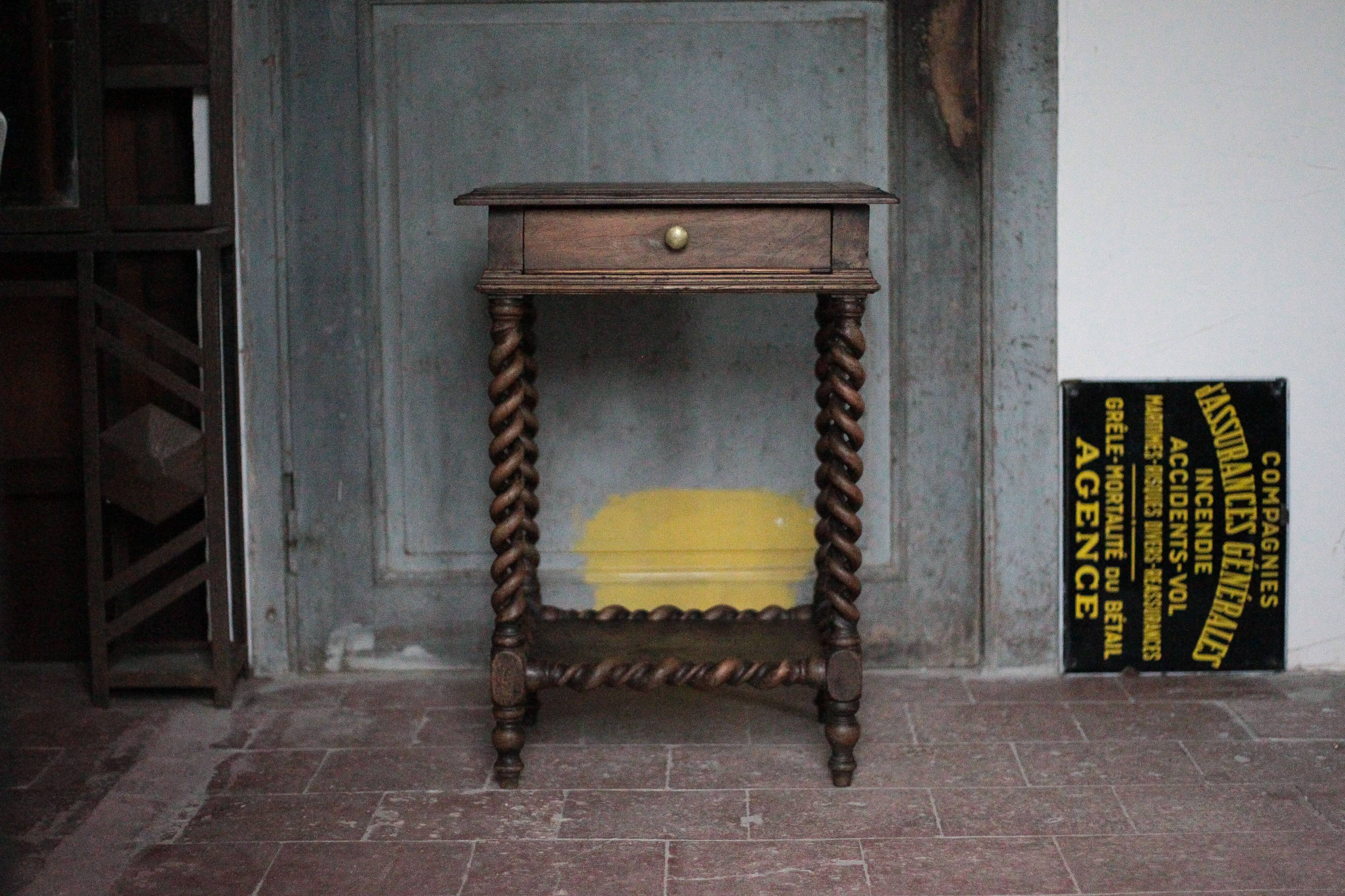 Antique turned wood bedside table with drawer, side table, nightstand