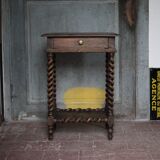 Antique turned wood bedside table with drawer, side table, nightstand