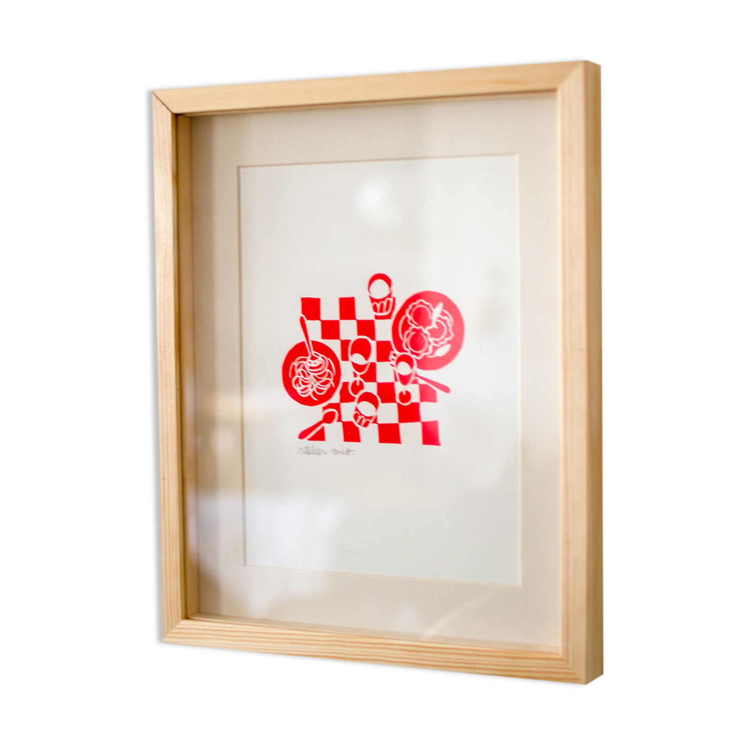 Spaghetti e ravioli, original linocut 18 x 24 cm