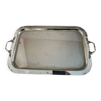 Large old stainless steel tray with stylized handles