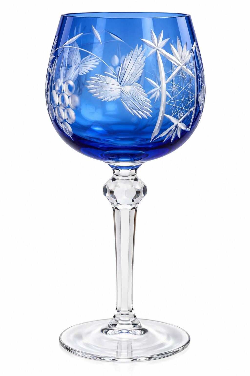 Set of 6 coloured wine glasses, vine decoration, Bohemian style – H. 20 cm