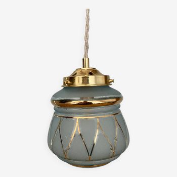 Vintage art deco globe pendant light in blue and gold frosted glass
