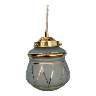 Vintage art deco globe pendant light in blue and gold frosted glass