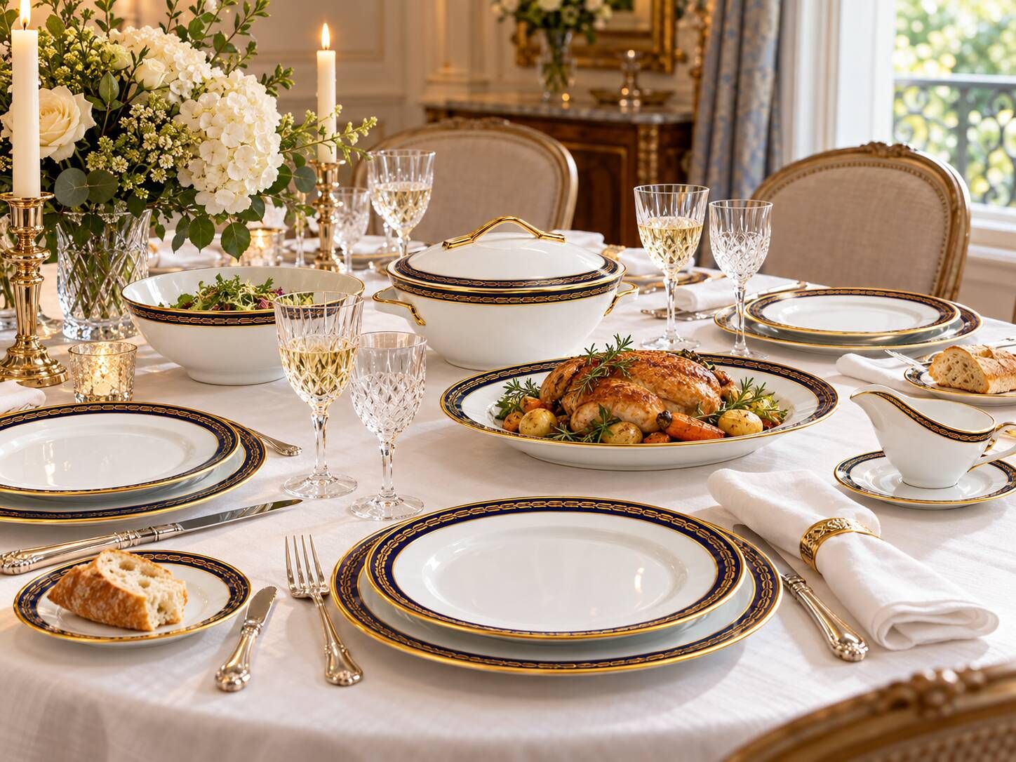 Saint-Amand Fribourg table service in midnight blue and gold, 45 pieces.