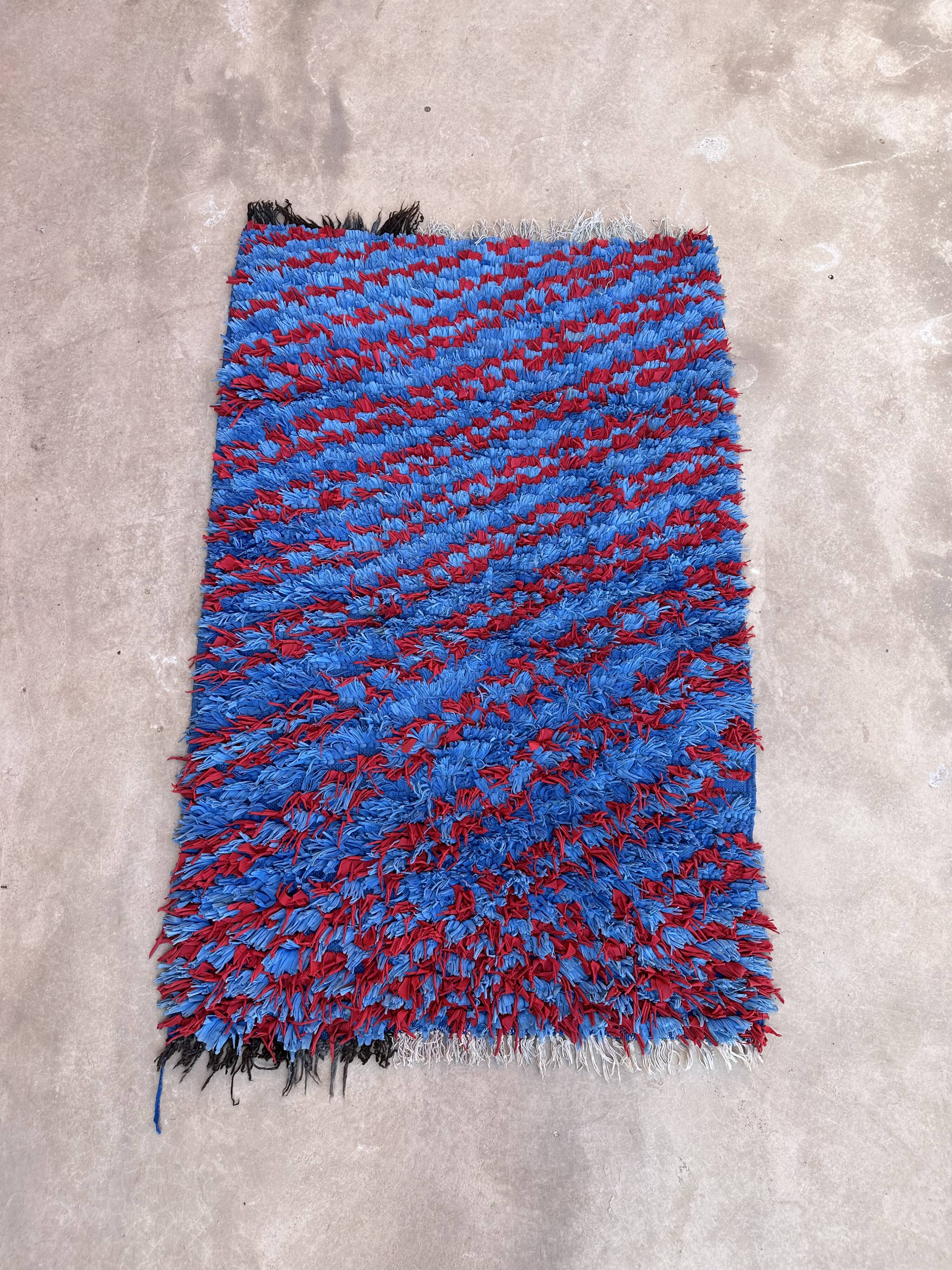 Moroccan carpet Boucherouite blue - 89 x 337 cm