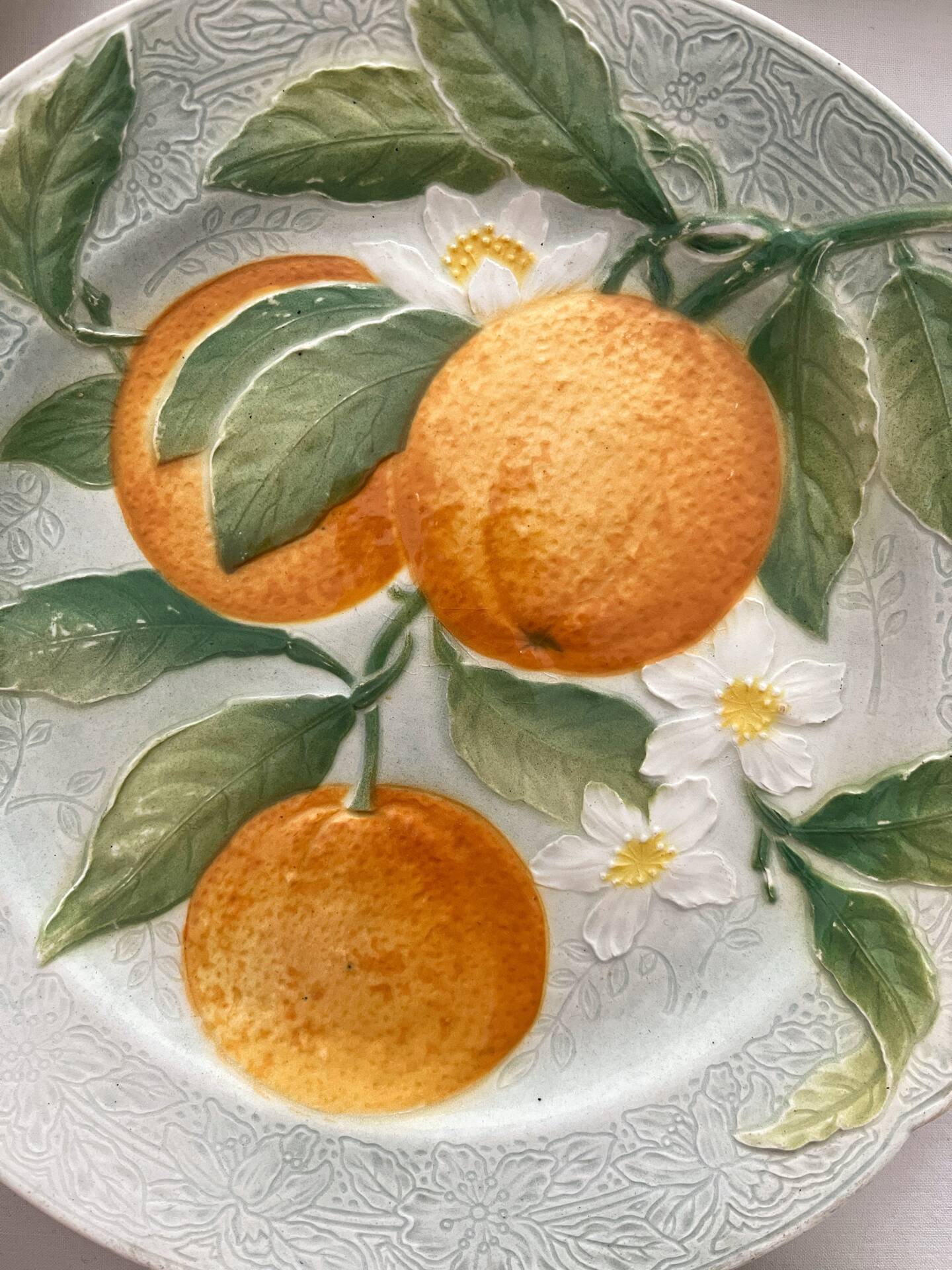 6 orange barbotine dessert plates from Saint Clément earthenware.