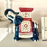 Blue and red ceramic elephant plant stand