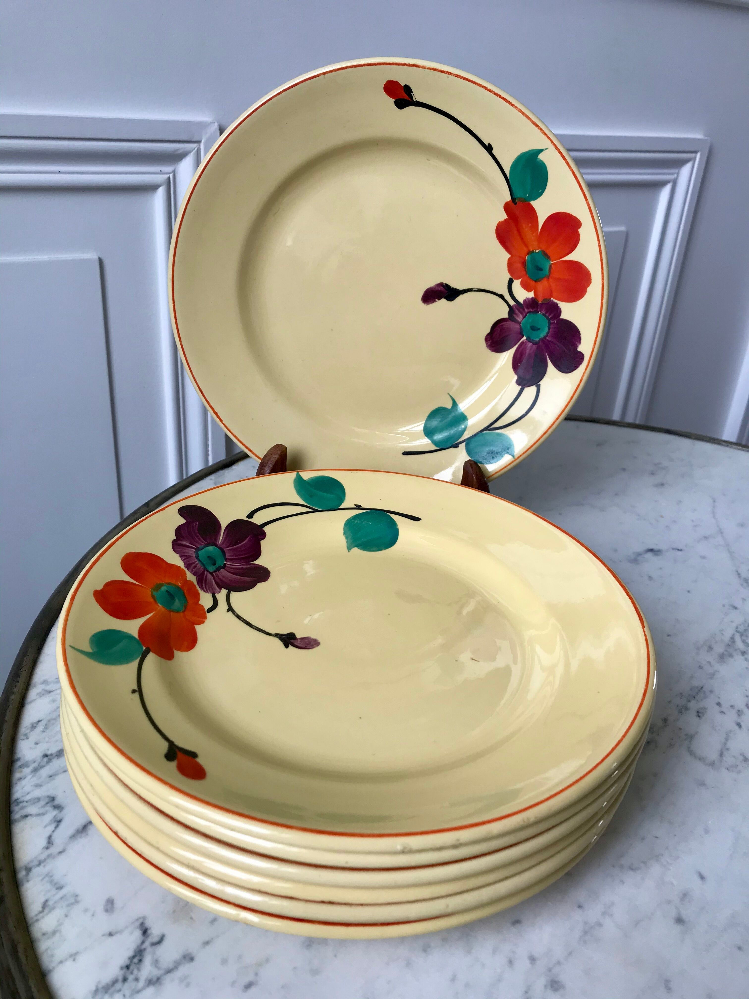 Lot de 6 assiettes plates Digoin Sarreguemines modèle "Ginette" années 30-40