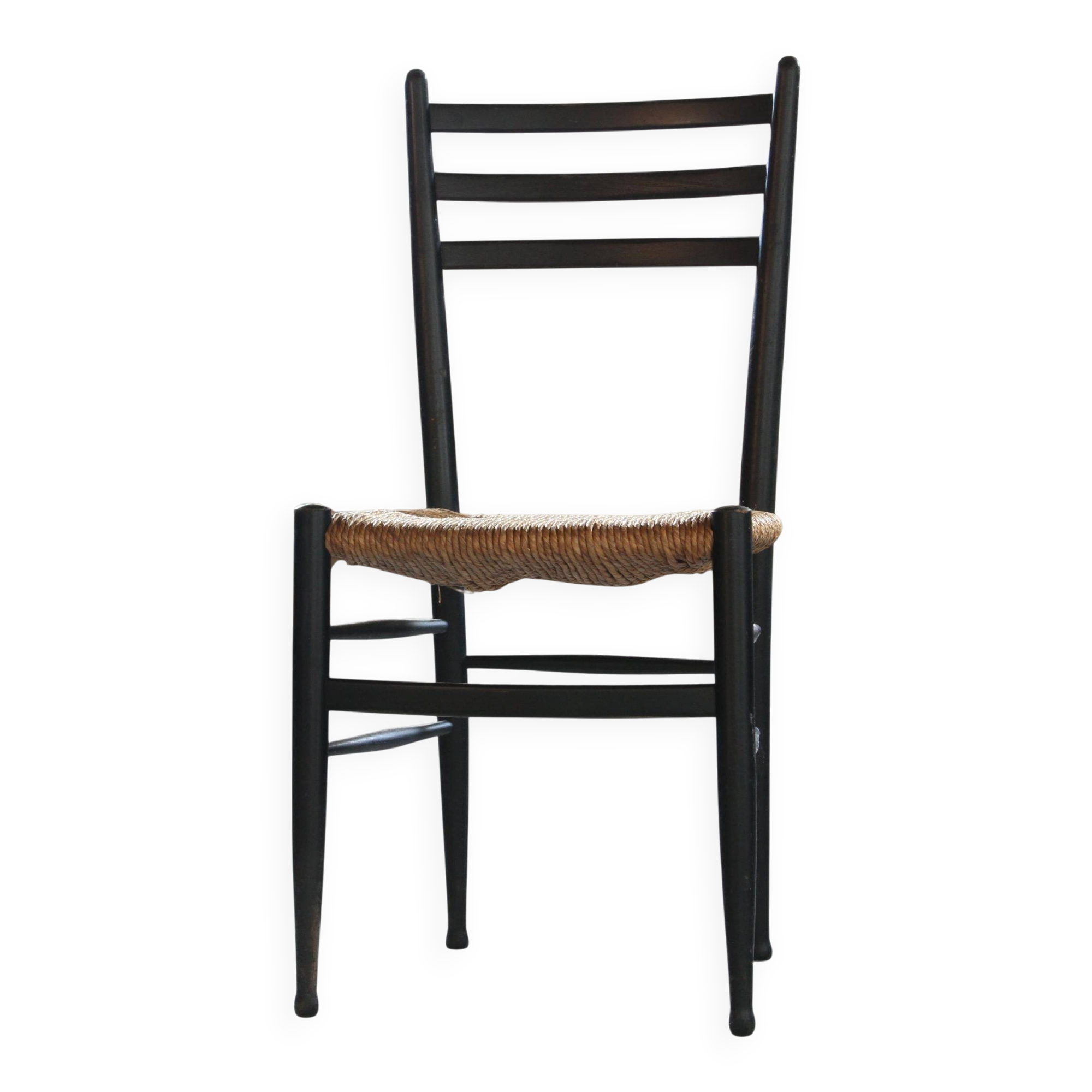 Vintage set of 8 Italian papercord black dining chairs, woven seat, 1950s