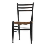 Vintage set of 8 Italian papercord black dining chairs, woven seat, 1950s