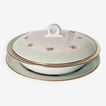 L'amandinoise tureen and trivet in french porcelain light green outline gold and small flowers