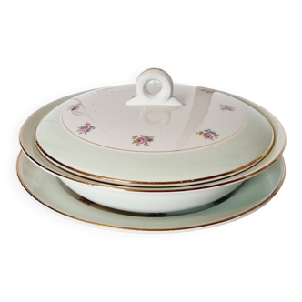 L'amandinoise tureen and trivet in french porcelain light green outline gold and small flowers