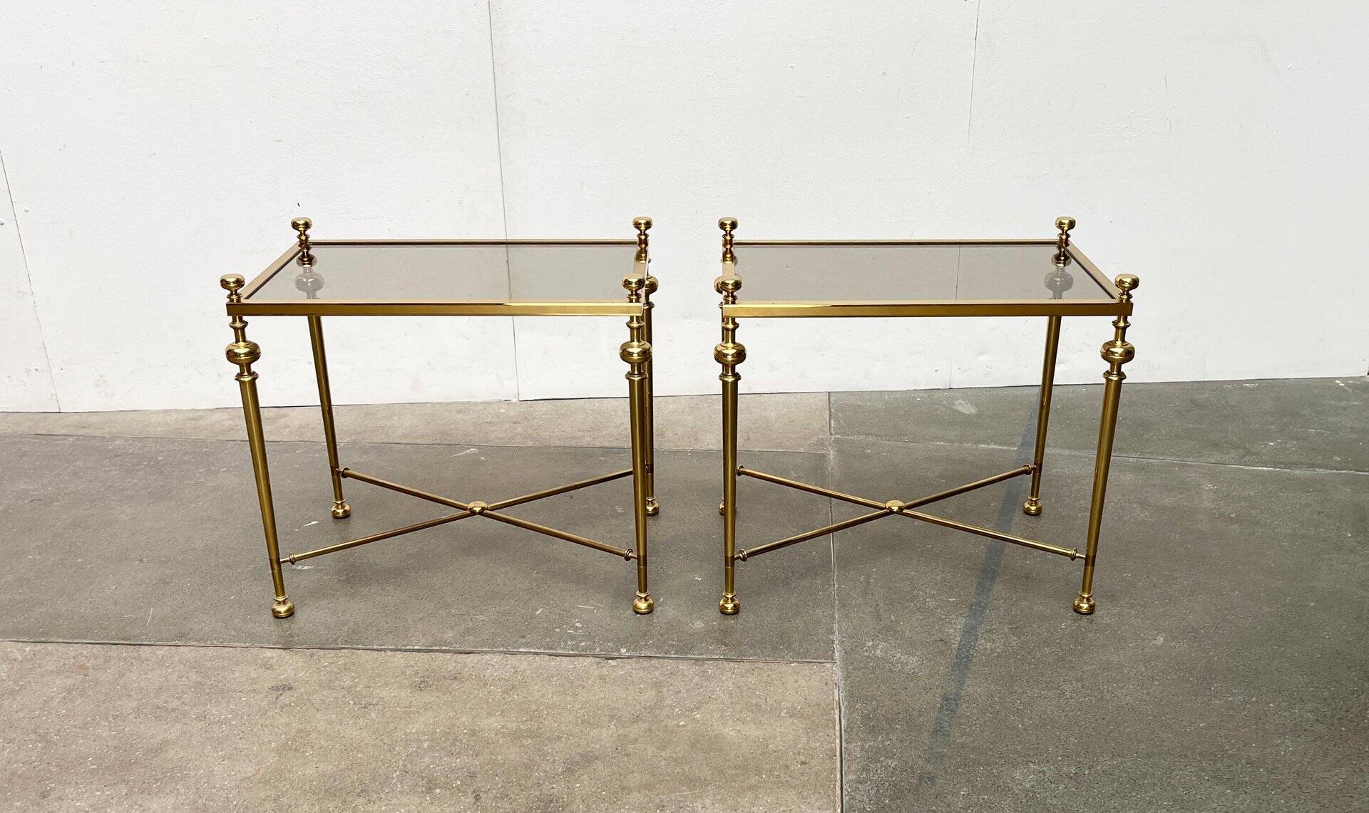 Mid-century Hollywood neoclassical brass and glass side or bedside tables attributed to Vereinigte Werkstätten, Germany, 1960s, set of 2.