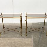 Mid-century Hollywood neoclassical brass and glass side or bedside tables attributed to Vereinigte Werkstätten, Germany, 1960s, set of 2.