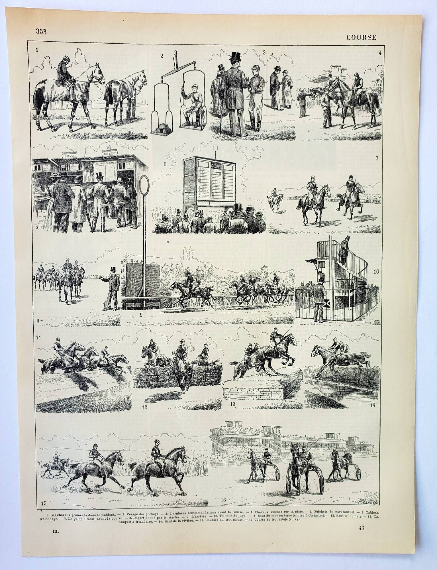 Old engraving 1898, Horse racing, hippodrome • Original and vintage lithograph