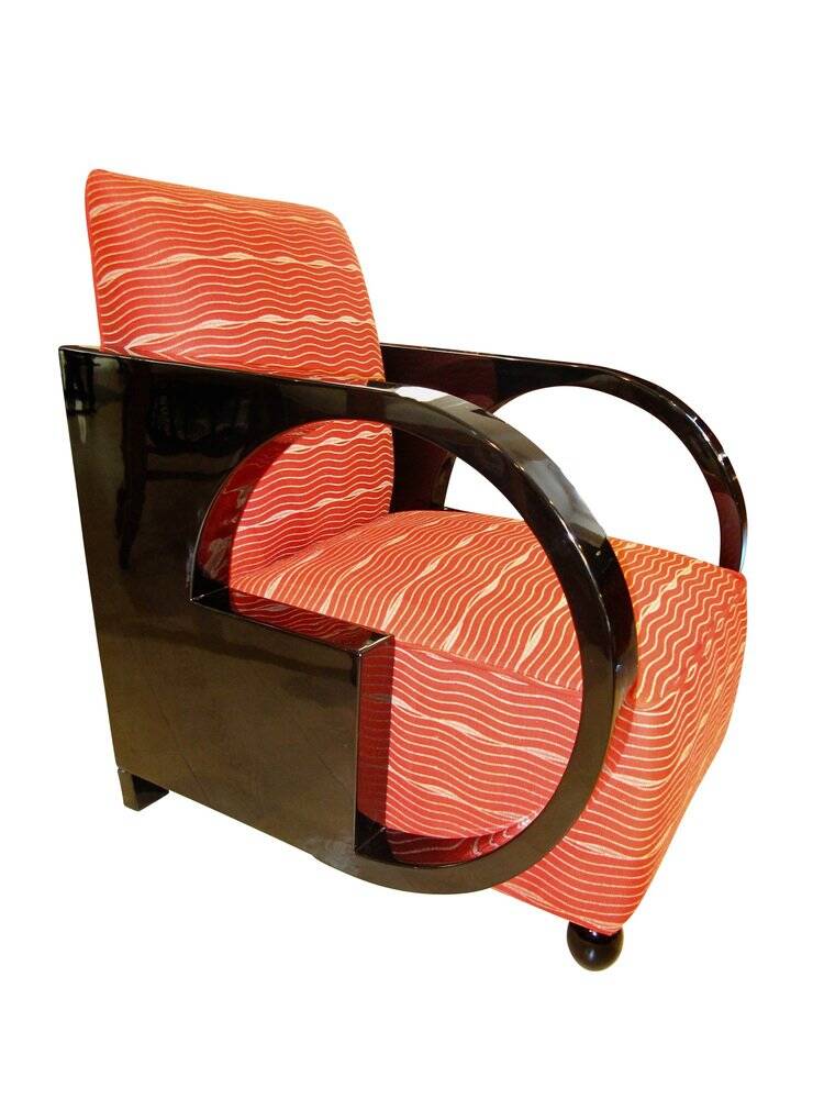 Art Deco Club Chair, Black Lacquer and Red Fabric, France circa 1930