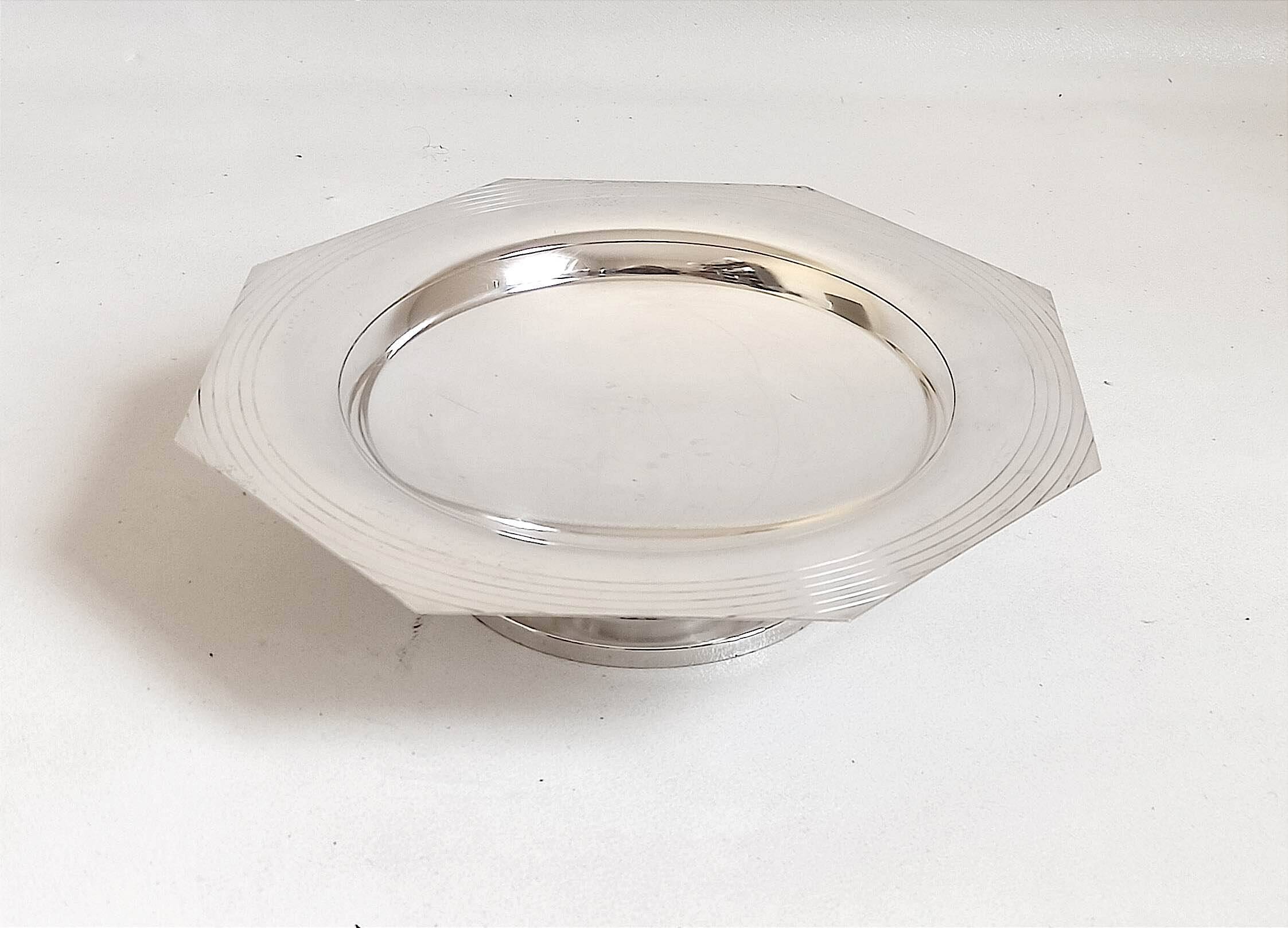 Compotier octagonal shape silver metal 1930s Diameter 33.5 cm