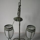 Ancienne lanterne lustre luminaire 2 feux fer forgé tulipe verre déco hall entrée rétro