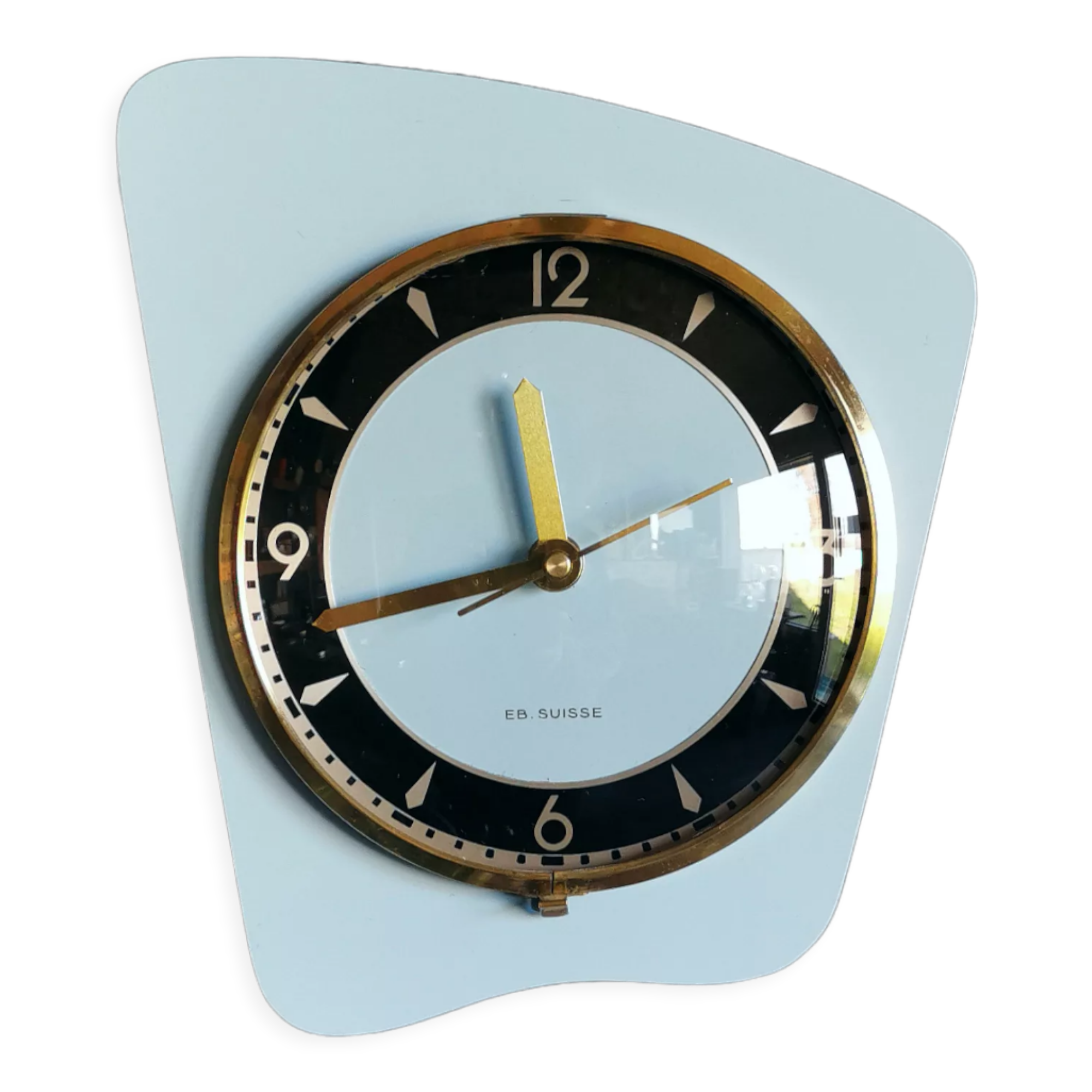 Horloge formica vintage pendule murale silencieuse asymétrique "EB Suisse bleu ciel"