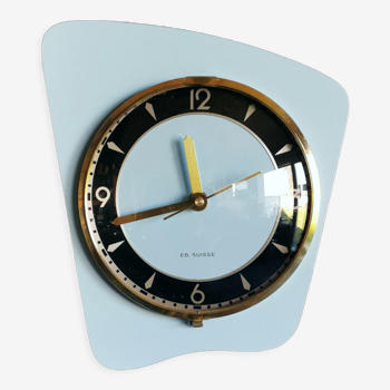 Vintage formica clock asymmetrical silent wall clock "EB Suisse sky blue"