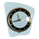 Horloge formica vintage pendule murale silencieuse asymétrique "EB Suisse bleu ciel"