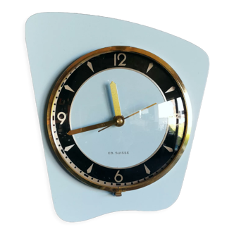 Vintage formica clock asymmetrical silent wall clock "EB Suisse sky blue"