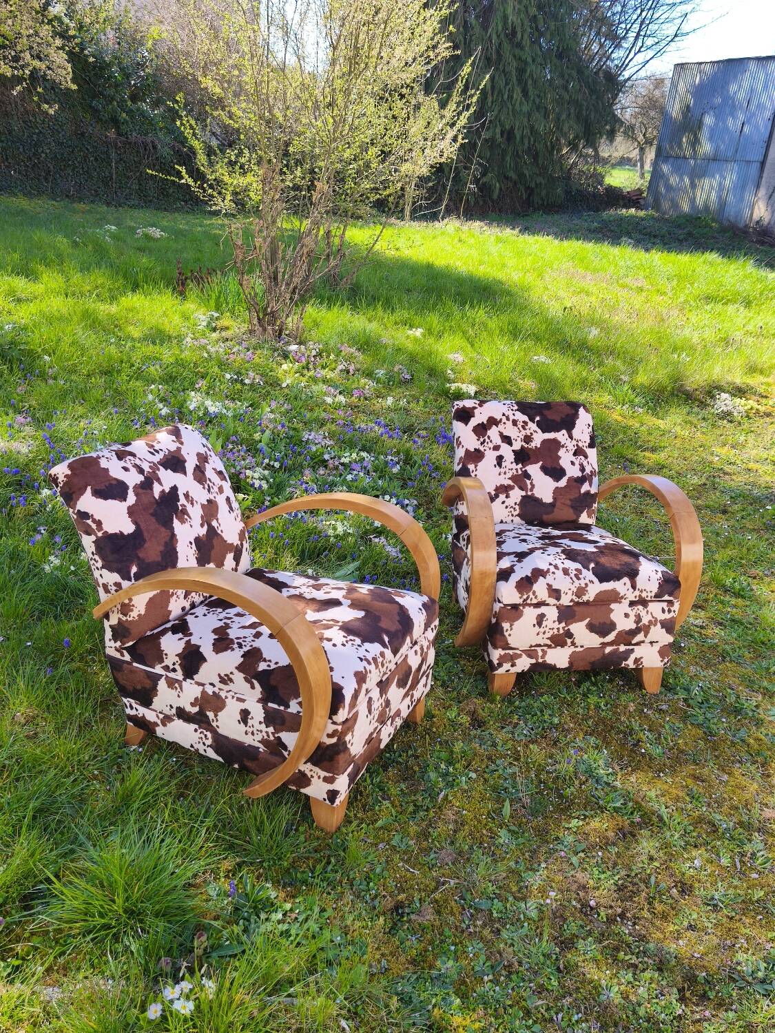 Pair of Art Deco cowhide armchairs