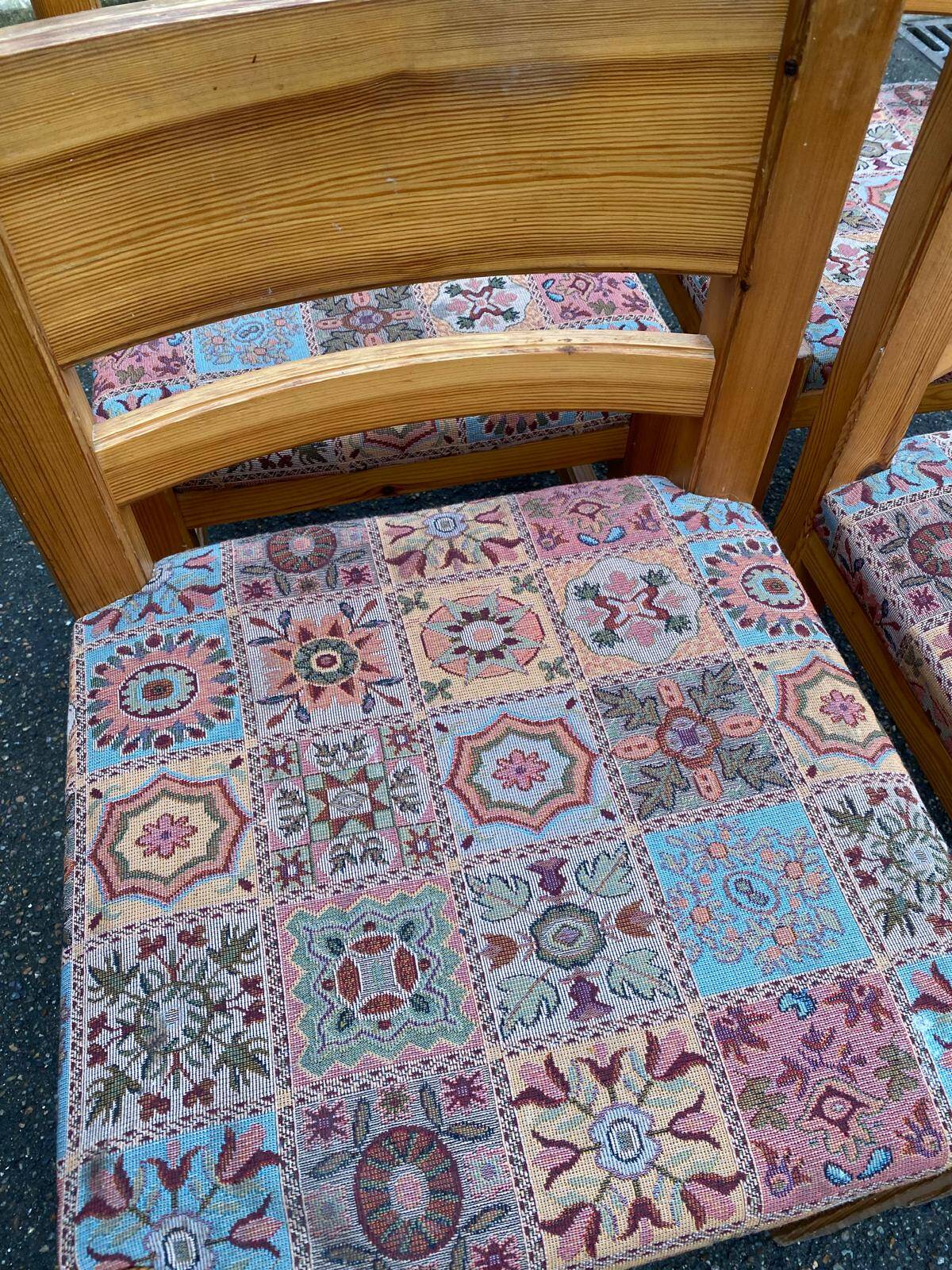 4 Scandinavian Brutalist chairs from Maison Regain, solid wood and floral fabric