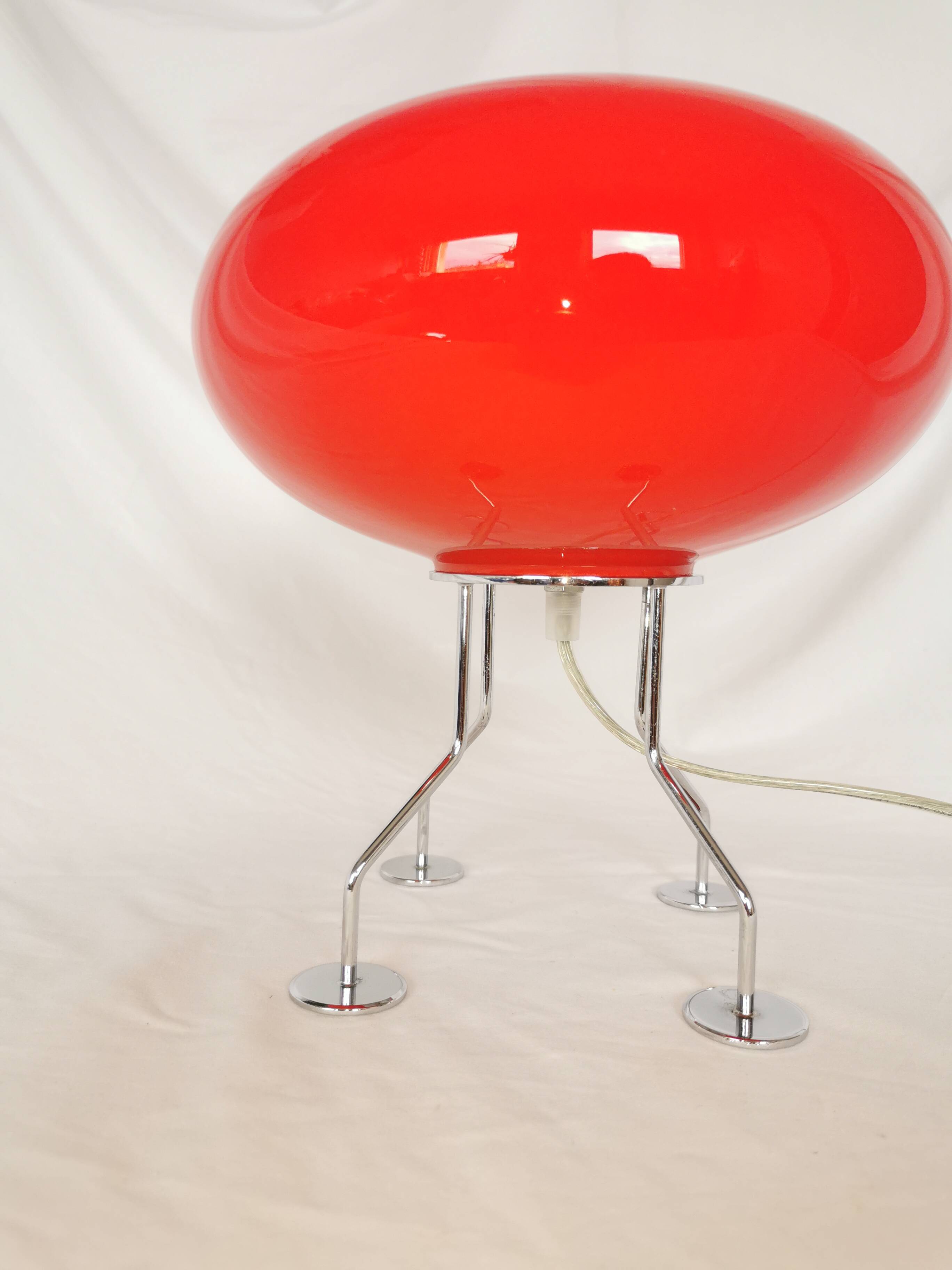 Red ufo mushroom lamp, space age, opaline and chrome steel.