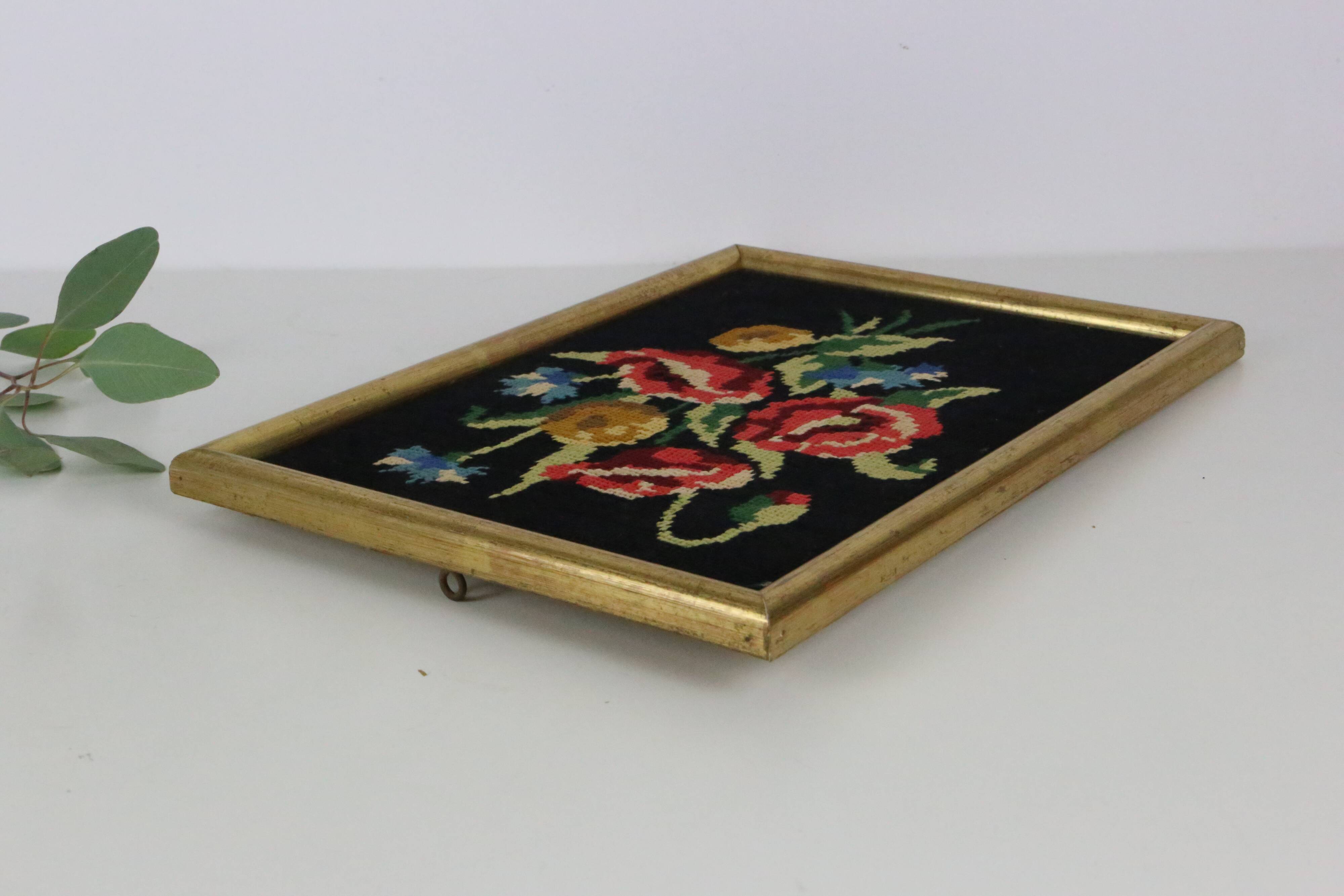 canvas bouquet of flowers in cross stitch, wall painting, vintage