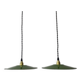Old pair of green enamel industrial pendants 24 cm