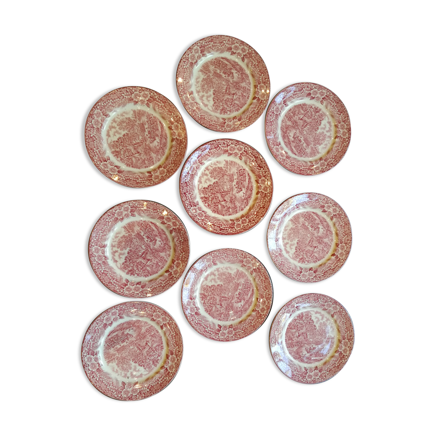 9 plates in pink English porcelain